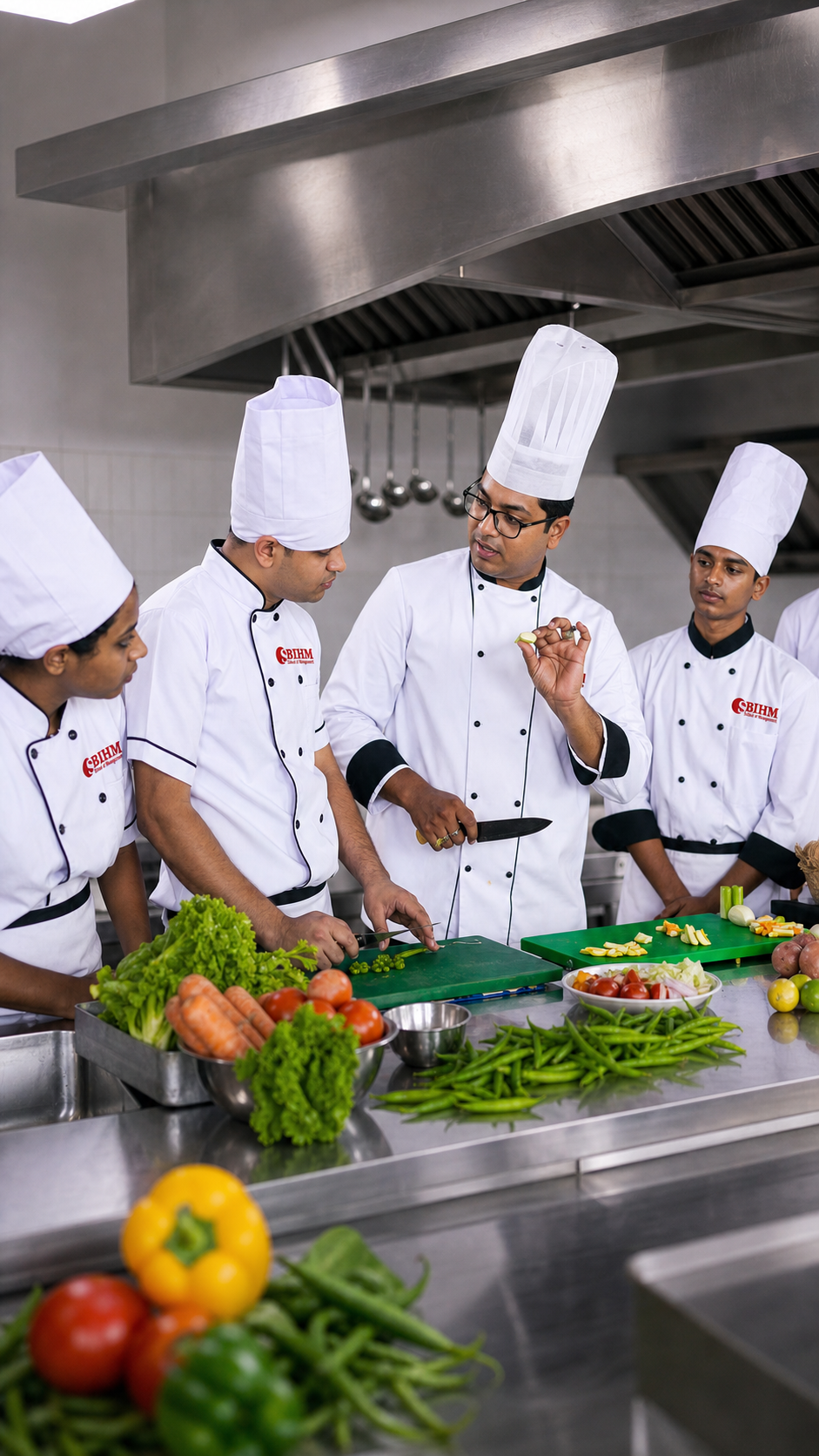 SBIHM professional training kitchen with commercial-grade equipment where students practice live cooking